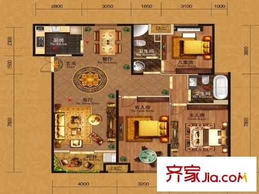綠地中央廣場(chǎng)1#H戶(hù)型 3室2廳2衛(wèi)1廚