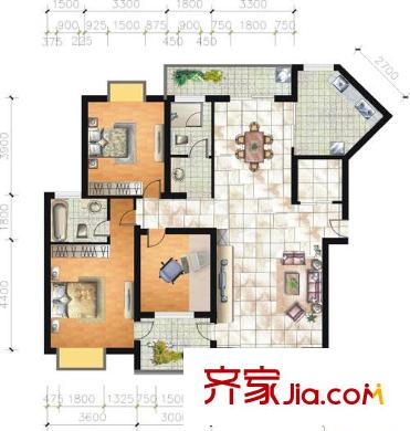 金色港灣四期戶型圖144 三期 2室2廳2衛(wèi)1廚