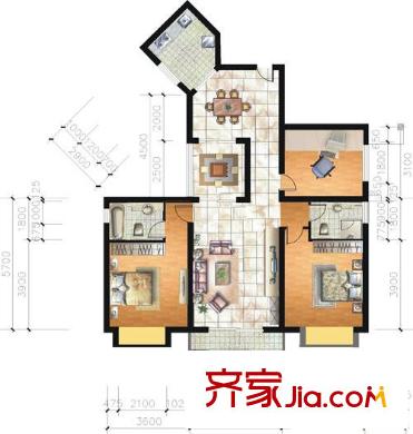 金色港灣四期戶型圖142 三期 2室2廳1衛(wèi)1廚