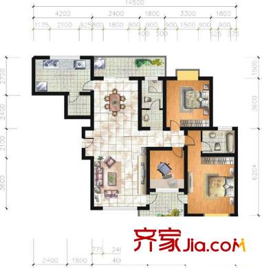 金色港灣四期戶型圖143 三期 2室2廳1衛(wèi)1廚