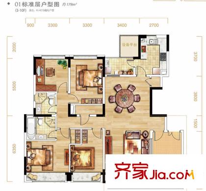 武漢天地御江平方米城戶型圖T1-01標(biāo)準(zhǔn)層（3-10F）戶型圖 4室2廳2衛(wèi)1廚