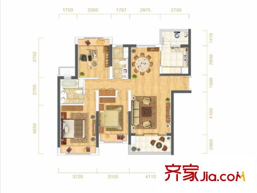 武漢天地御江平方米城戶型圖B13地塊B1戶型 3室2廳2衛(wèi)1廚