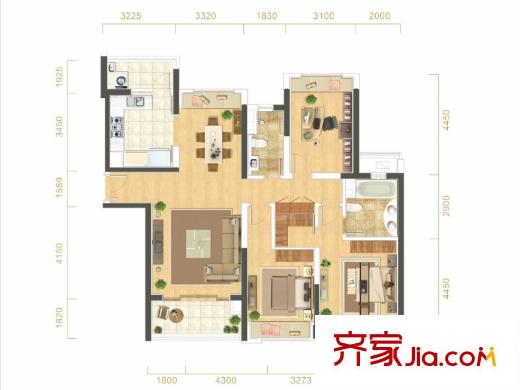 武漢天地御江平方米城戶型圖B13地塊B2戶型 3室2廳2衛(wèi)1廚