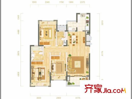 武漢天地御江平方米城戶型圖B13地塊B3戶型 3室2廳2衛(wèi)1廚