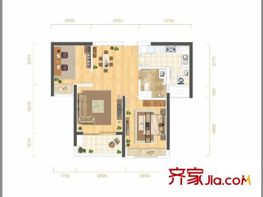 武漢天地御江平方米城戶型圖B13地塊A1戶型 2室2廳1衛(wèi)1廚