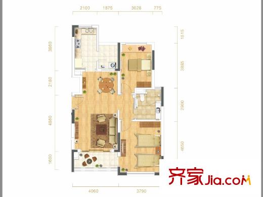 武漢天地御江平方米城戶型圖B13地塊A3戶型 2室2廳1衛(wèi)1廚
