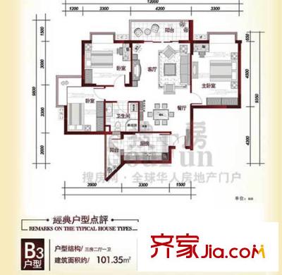 城開玉橋新都戶型圖B3 3室2廳1衛(wèi)