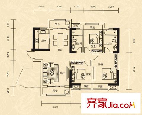 廣電蘭亭都薈戶型圖二單元04戶型 3室2廳2衛(wèi)1廚