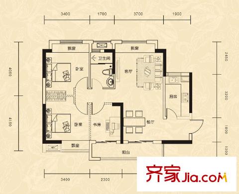 廣電蘭亭都薈戶型圖二單元01戶型 3室2廳1衛(wèi)1廚