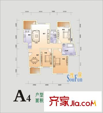 東方花城戶型圖A4 3室2廳2衛(wèi)1廚