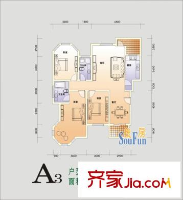 東方花城戶型圖A3 3室2廳2衛(wèi)1廚