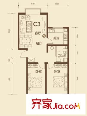 東唐花園戶型圖C3戶型 2室2廳1衛(wèi)1廚