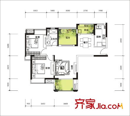 華潤置地中央公園戶型圖二期E1戶型 2室2廳1衛(wèi)1廚