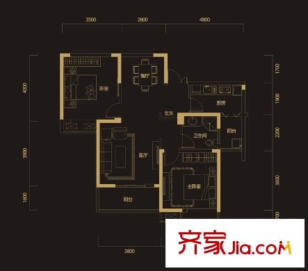福星惠譽(yù)水岸國(guó)際戶型圖D2戶型 2室2廳1衛(wèi)1廚
