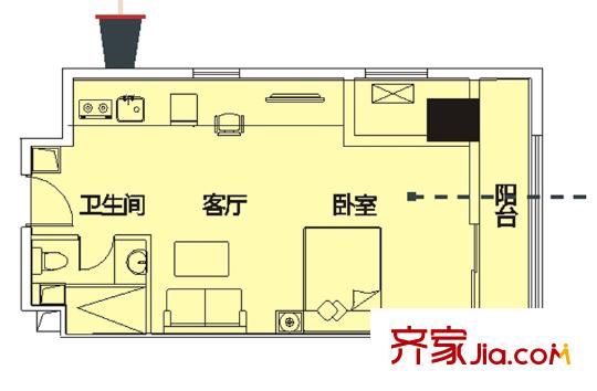 福星惠譽(yù)水岸國(guó)際戶型圖瞰江公寓A3戶型 1室1廳1衛(wèi)1廚