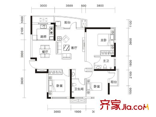 金色港灣雙湖泊岸7號樓A1戶型 3室2廳2衛(wèi)1廚