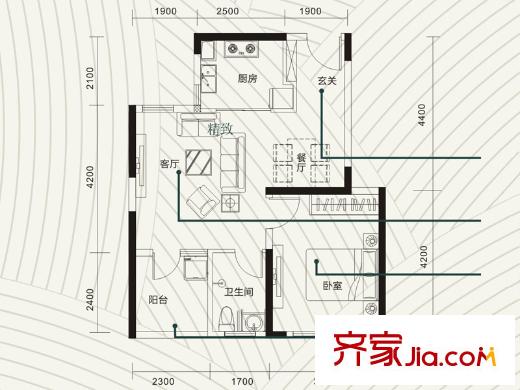 金色港灣雙湖泊岸6號樓B-2戶型 1室2廳1衛(wèi)1廚