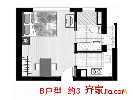 寶利金中央榮御A棟B戶型 1室1廳1衛(wèi)1廚
