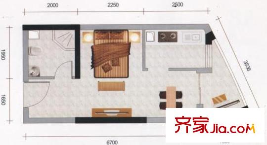 寶利金中央榮御A2戶型圖 1室1廳1衛(wèi)1廚