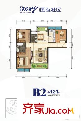 紐賓凱漢city國際社區(qū)K10地塊1、3號(hào)樓B2戶型 3室2廳2衛(wèi)1廚