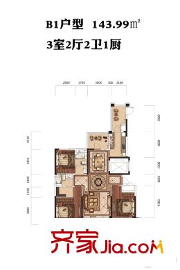 臥龍墨水湖邊13號樓B1戶型 3室2廳2衛(wèi)1廚