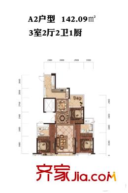 臥龍墨水湖邊12號樓A2戶型 3室2廳2衛(wèi)1廚