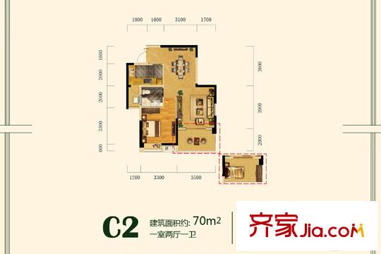 臥龍墨水湖邊7、9、10號樓C2戶型 1室2廳1衛(wèi)1廚