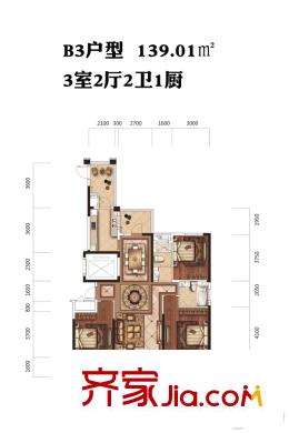 臥龍墨水湖邊13號樓B3戶型 3室2廳2衛(wèi)1廚