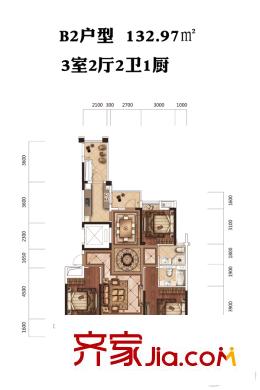 臥龍墨水湖邊13號樓B2戶型 3室2廳2衛(wèi)1廚