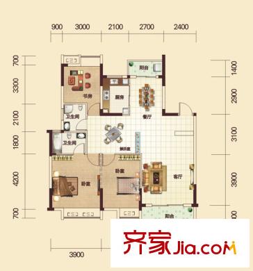 鼎盛華城4號(hào)樓B2戶型 3室2廳2衛(wèi)2廚