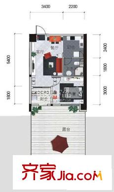 金地國際花園戶型圖一期1號(hào)樓標(biāo)準(zhǔn)層1AS戶型 1室2廳1衛(wèi)
