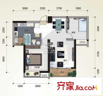 金地國際花園戶型圖二期1號(hào)樓標(biāo)準(zhǔn)層E戶型 2室2廳1衛(wèi)1廚