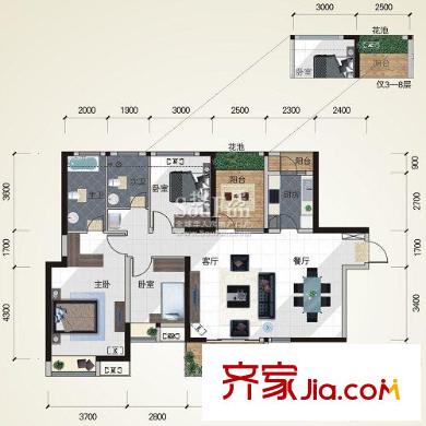 金地國際花園戶型圖一期3號(hào)樓標(biāo)準(zhǔn)層3C-1戶型 3室2廳2衛(wèi)