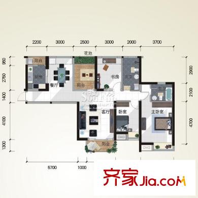 金地國際花園戶型圖一期3號(hào)樓標(biāo)準(zhǔn)層3C-b 7 戶型 3室2廳2衛(wèi)