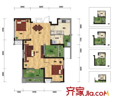 百瑞景中央生活區(qū)戶型圖J戶型（89.65-93.52）（售完） 2室2廳1衛(wèi)1廚