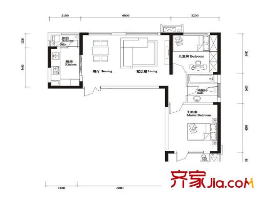 百瑞景中央生活區(qū)戶型圖B6（售完） 2室2廳1衛(wèi)1廚