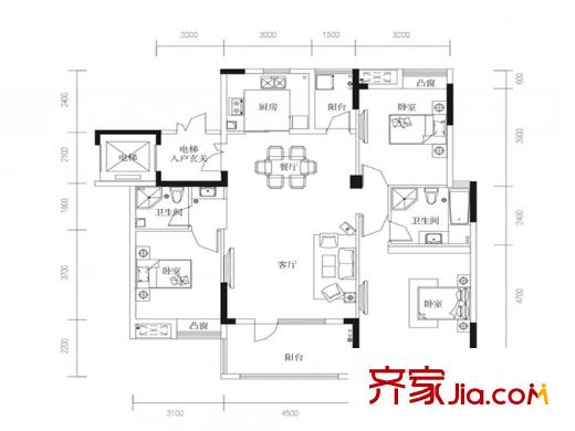 百瑞景中央生活區(qū)戶型圖四期4號樓 D戶型 131平 
