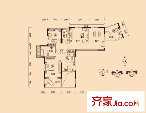 塞納河畔2、3號(hào)樓A戶型 3室2廳2衛(wèi)1廚