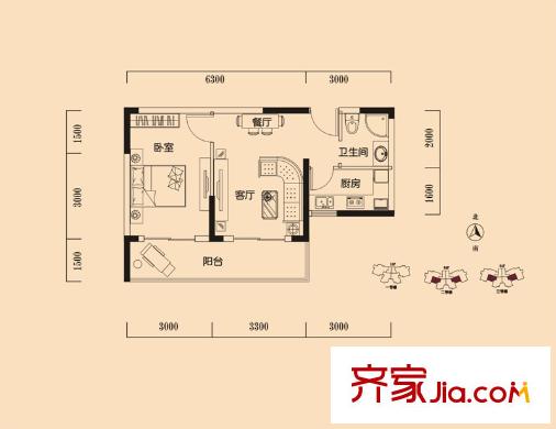塞納河畔2、3號(hào)樓B戶型 1室1廳1衛(wèi)1廚