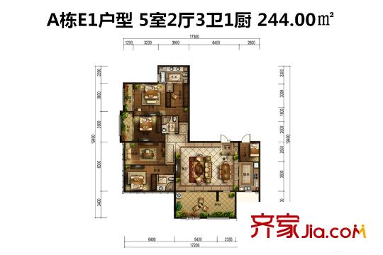 金地京漢1903A棟E1戶型（售罄） 5室2廳4衛(wèi)1廚