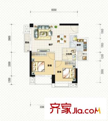 中南國際城二期A2-e戶型 2室2廳1衛(wèi)1廚