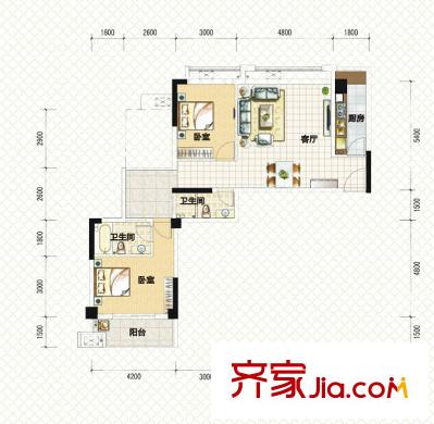 中南國際城二期A2-a戶型 2室2廳2衛(wèi)1廚