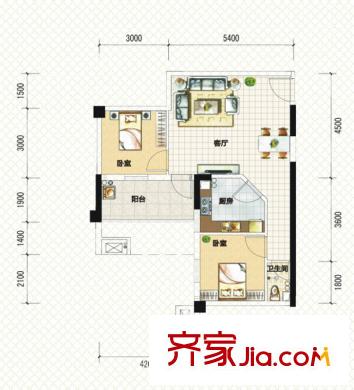 中南國際城二期A2-f戶型 2室2廳1衛(wèi)1廚