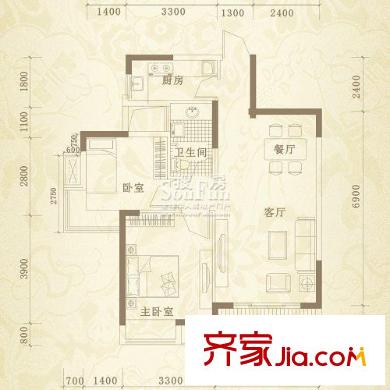 新長江香榭琴臺一期4-6號樓戶型B1 2室2廳