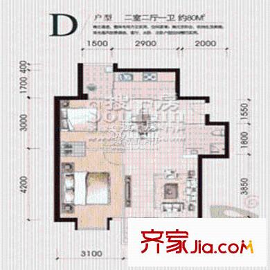 中南路88號一期3#樓標(biāo)準(zhǔn)層D戶型 2室2廳1衛(wèi)1廚