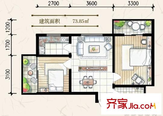 7080國際青年城戶型圖H戶型73.85平方米 2室