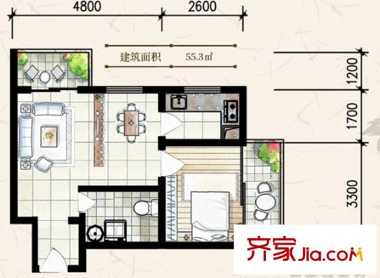 7080國際青年城戶型圖K戶型55.3平方米 2室