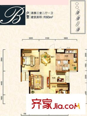 龍?jiān)窞懓?9、40、42號樓高層B戶型 3室2廳1衛(wèi)1廚