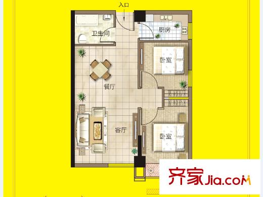 海聯(lián)時代廣場1號樓F戶型 2室2廳1衛(wèi)1廚