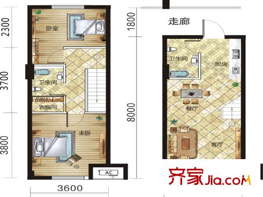 現(xiàn)代城平方米庭2棟B1戶型 2室2廳2衛(wèi)1廚